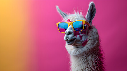 Sporting trendy sunglasses, a chilled-out llama exudes cool vibes with a headshot profile accentuated by vibrant blue and pink lights - obrazy, fototapety, plakaty