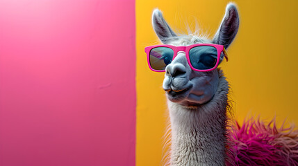 A nonchalant llama, adorned with trendy sunglasses, effortlessly poses in a photo studio bathed in the dynamic glow of blue and pink lights, setting a chill and vibrant tone for a captivating headshot - obrazy, fototapety, plakaty