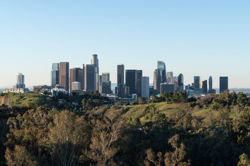 Downtown Los Angeles urban skyline with Elysian Park forest in foreground.