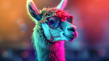 Selbstklebende Fototapeten Sporting trendy sunglasses, a chilled-out llama exudes cool vibes with a headshot profile accentuated by vibrant blue and pink lights © Marc