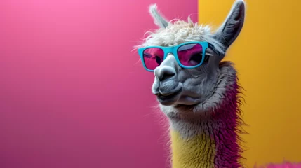 Fototapeten A nonchalant llama, adorned with trendy sunglasses, effortlessly poses in a photo studio bathed in the dynamic glow of blue and pink lights, setting a chill and vibrant tone for a captivating headshot © Marc