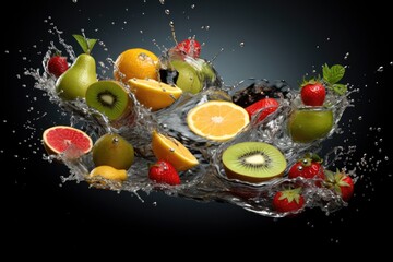 fruit in water splash. Fresh fruits. Splash. Natural Fruits. Cocktails of fruits.