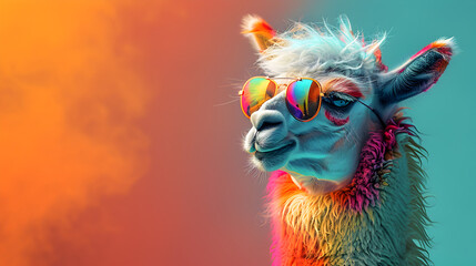 Naklejka premium A nonchalant llama, adorned with trendy sunglasses, effortlessly poses in a photo studio bathed in the dynamic glow of blue and pink lights, setting a chill and vibrant tone for a captivating headshot