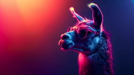 Keuken foto achterwand Lama A nonchalant llama, adorned with trendy sunglasses, effortlessly poses in a photo studio bathed in the dynamic glow of blue and pink lights, setting a chill and vibrant tone for a captivating headshot