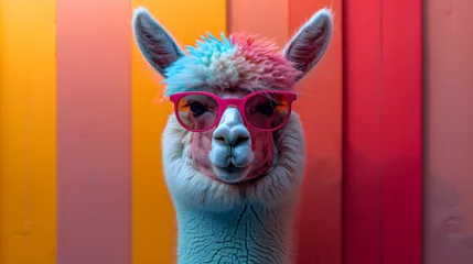 Fototapeten A nonchalant llama, adorned with trendy sunglasses, effortlessly poses in a photo studio bathed in the dynamic glow of blue and pink lights, setting a chill and vibrant tone for a captivating headshot © Marc