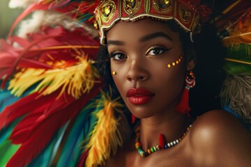 Afro-American Woman Wearing Colorful Feathered Headdress. Generative AI