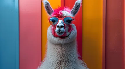 Store enrouleur tamisant Lama A nonchalant llama, adorned with trendy sunglasses, effortlessly poses in a photo studio bathed in the dynamic glow of blue and pink lights, setting a chill and vibrant tone for a captivating headshot