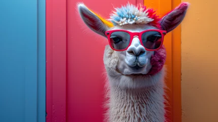 Fototapete A nonchalant llama, adorned with trendy sunglasses, effortlessly poses in a photo studio bathed in the dynamic glow of blue and pink lights, setting a chill and vibrant tone for a captivating headshot © Marc