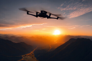 Fototapeta na wymiar Chasing Dusk: Drone Soaring Towards the Evening Sunset
