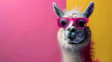 Cercles muraux Lama A nonchalant llama, adorned with trendy sunglasses, effortlessly poses in a photo studio bathed in the dynamic glow of blue and pink lights, setting a chill and vibrant tone for a captivating headshot