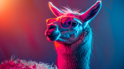 Fototapeta premium Cool and relaxed Lama with colorful sunglasses in a photo studio light, good vibes chill, vibrant color lights, blue and pink illuminate, head shot profile photo