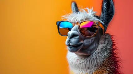Foto auf Glas Cool and relaxed Lama with colorful sunglasses in a photo studio light, good vibes chill, vibrant color lights, blue and pink illuminate, head shot profile photo © Marc