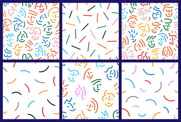 

faces of people abstract lines multicolored seamless backgrounds  , teenagers face features line vector pattern set 