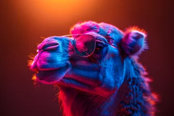 Poster A laid-back and stylish llama donning vibrant sunglasses strikes a pose in a well-lit photo studio, emanating cool vibes with the play of blue and pink lights, creating an illuminating profile headsho © Marc