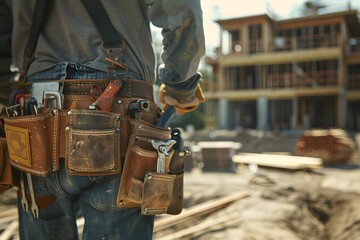 Emphasizing craftsmanship and the building industry, the image showcases a skilled worker's tool belt against the backdrop of a home construction site in a close-up shot.