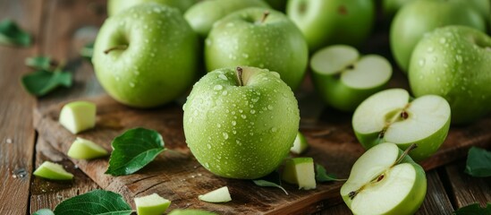 Fresh ripe green apples covered in water droplets over white background - Powered by Adobe