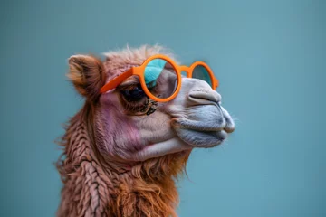 Rolgordijnen Coolness personified, a camel  in stylish sunglasses strikes a relaxed pose, capturing a headshot profile amidst vibrant blue and pink lights © Marc