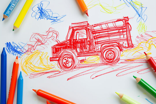 Red firetruck racing to put out a pretend fire 4 year old's simple scribble colorful juvenile crayon outline drawing