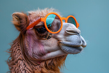 In a studio setting, a laid-back camel, rocking vibrant sunglasses, teams up with three chill llamas. Bathed in dynamic blue and pink lights, they strike a relaxed pose for headshot profiles, creating