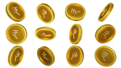 3D rendering of set of abstract golden Indian rupee coins concept in different angles. rupee sign on golden coin isolated on transparent background