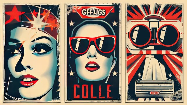 A set of retro movie posters and flyers, evoking vintage cinema charm, perfect for promotional printing. This collection can be utilized for advertisements, banners, and web design.