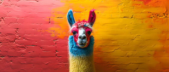 A laid-back and stylish llama donning vibrant sunglasses strikes a pose in a well-lit photo studio, emanating cool vibes with the play of blue and pink lights, creating an illuminating profile headsho