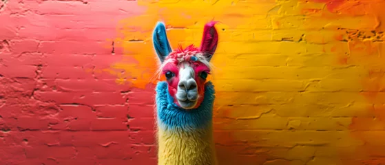 Fotobehang A laid-back and stylish llama donning vibrant sunglasses strikes a pose in a well-lit photo studio, emanating cool vibes with the play of blue and pink lights, creating an illuminating profile headsho © Marc