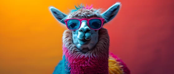 Fensteraufkleber A laid-back and stylish llama donning vibrant sunglasses strikes a pose in a well-lit photo studio, emanating cool vibes with the play of blue and pink lights, creating an illuminating profile headsho © Marc