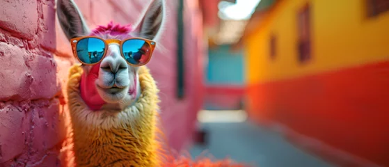 Foto auf Leinwand A laid-back and stylish llama donning vibrant sunglasses strikes a pose in a well-lit photo studio, emanating cool vibes with the play of blue and pink lights, creating an illuminating profile headsho © Marc