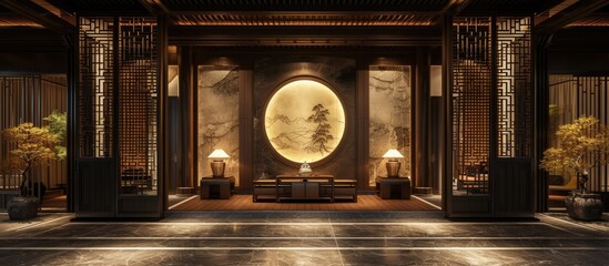 A photo of a Chinese style hotel lobby featuring a dimly lit room with two lamps illuminating a painting on the wall. - obrazy, fototapety, plakaty