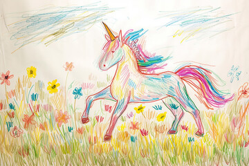 Magical unicorn prancing in a field of flowers 4 year old's simple scribble colorful juvenile crayon outline drawing - obrazy, fototapety, plakaty