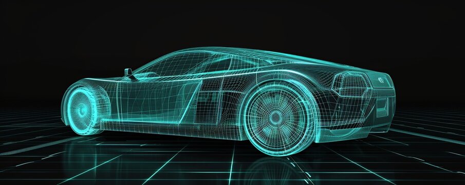 Futuristic 3D wireframe sports car concept on plain background.