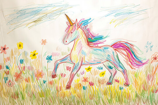 Magical unicorn prancing in a field of flowers 4 year old's simple scribble colorful juvenile crayon outline drawing