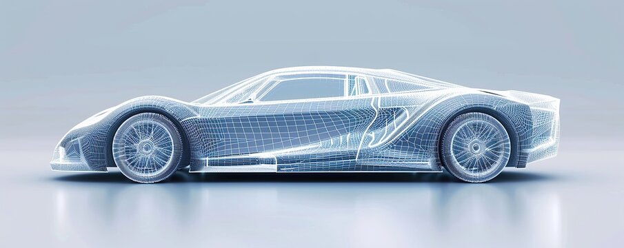 Futuristic 3D wireframe sports car concept on plain background.