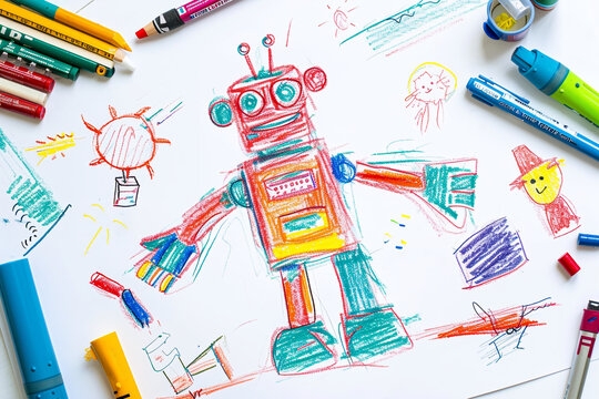 Smiling robot friend helping with chores 4 year old's simple scribble colorful juvenile crayon outline drawing