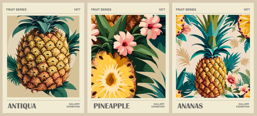 Set of abstract Fruit Market retro posters. Trendy kitchen gallery wall art with Pineapple, Ananas fruits. Modern naive groovy funky interior decorations, paintings. Vector art illustration.