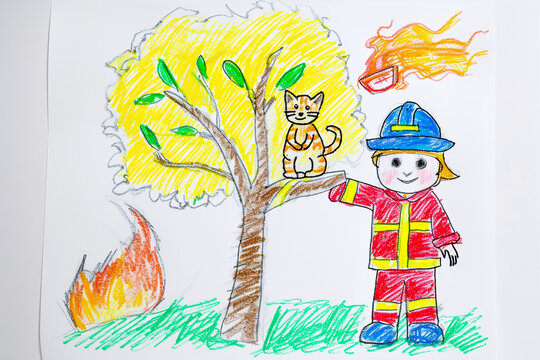 Brave firefighter saving a kitten from a tree 4 year old's simple scribble colorful juvenile crayon outline drawing