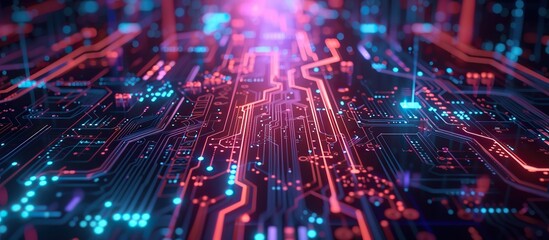Obraz premium Abstract technology background. motherboard circuit board with glowing lines and dots connected to each other.