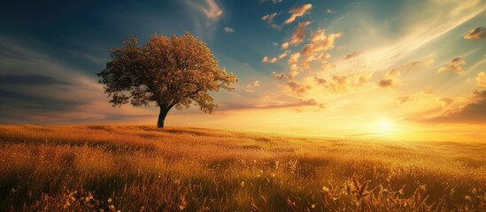 A stunning photograph capturing the beauty of a solitary tree standing in a grassy field as the sun sets.