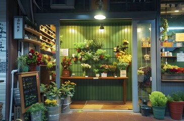 Front View of Charming Flower Shop with Artful Flower Arrangements - obrazy, fototapety, plakaty