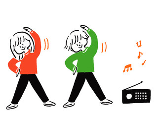 ラジオ体操をする男女のゆるいシンプルイラストセット