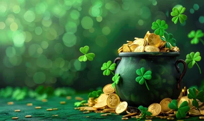  Banner st patricks day with treasure of leprechaun, pot full of golden coins and shamrocks © piai