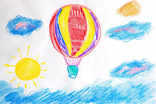 Hot air balloon floating in the sky 4 year old's simple scribble colorful juvenile crayon outline drawing