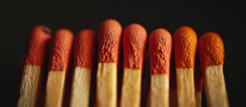 Close-up view of a vivid row of red and orange matchsticks on a dark background