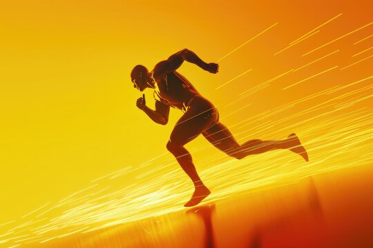 Male runner is sprinting forward with speed in vray format. Speed graphics. High resolution uhd image yellow-orange-black silhouette