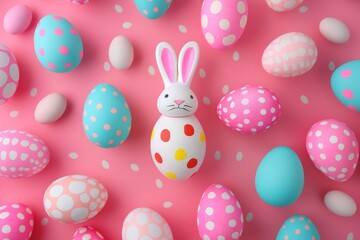 Happy Easter Eggs Basket Turquoise Mirage. Bunny hopping in Turquoise Sky decoration. Adorable hare 3d easter columbine rabbit illustration. Holy week easter hunt huggable plush card Colorful