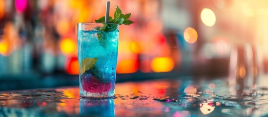 Refreshing glass of blue liquid topped with a fresh mint sprig for a summer beverage - Powered by Adobe