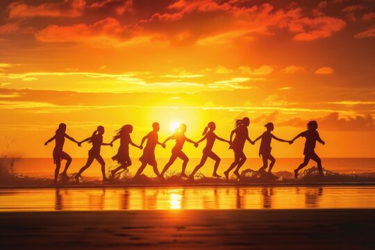 Orange-yellow silhouettes of a group of people holding hands running together in front of the board. Sunset background
