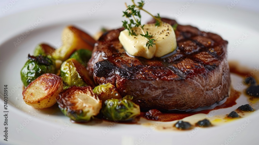 Sticker gourmet delight: a plate of grilled filet mignon, exuding savory aromas and juicy tenderness, invite