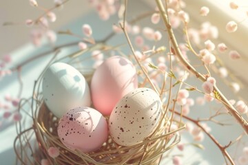 Happy Easter Eggs Basket easter petunia. Bunny hopping in flower Bursting with color decoration. Adorable hare 3d material rabbit illustration. Holy week easter hunt illustration blog card Rosewood